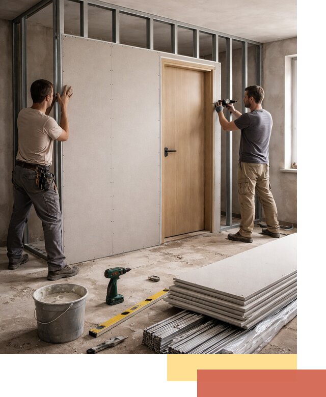 Перегородка из гипсокартона с дверью под ключ в прохладном