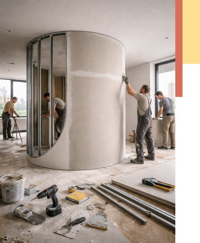 Радиусная перегородка из гипсокартона в прохладном от 3142 руб. под ключ | ОТДЕЛОЧНИК-Прх