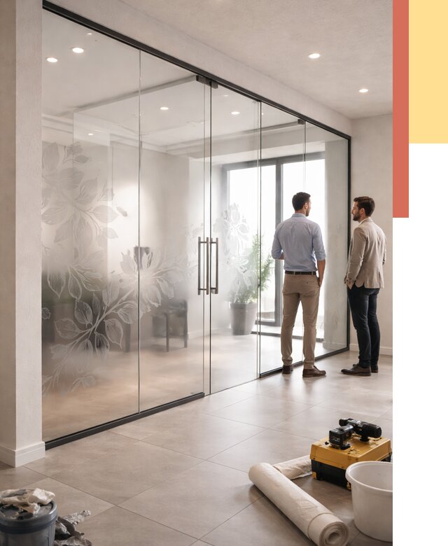 Стеклянные перегородки с рисунком в прохладном от 13541 руб. монтаж и нанесение | ОТДЕЛОЧНИК-Прх