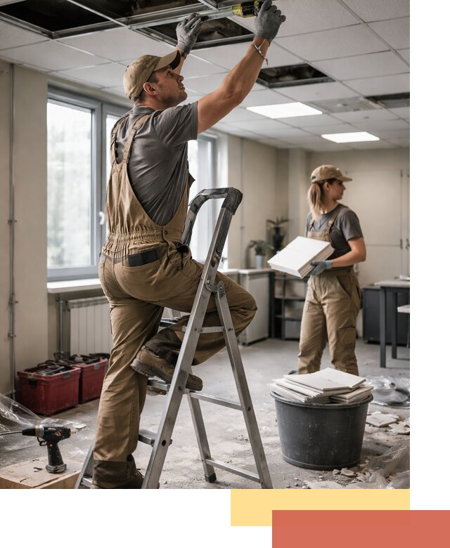 Ремонт потолка Армстронг и замена плит в прохладном