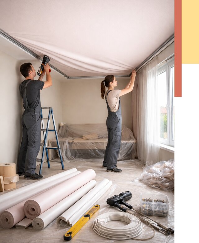 Монтаж цветного натяжного потолка в прохладном от 4550 руб/м² — быстро и недорого | ОТДЕЛОЧНИК-Прх