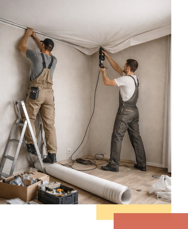 Монтаж цветного натяжного потолка в прохладном за один день