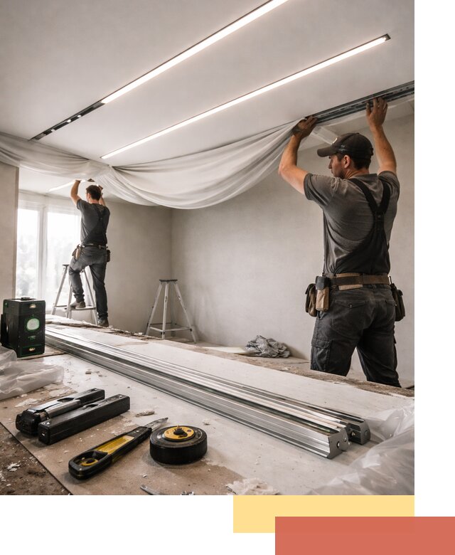 Монтаж натяжных потолков со световыми линиями в прохладном