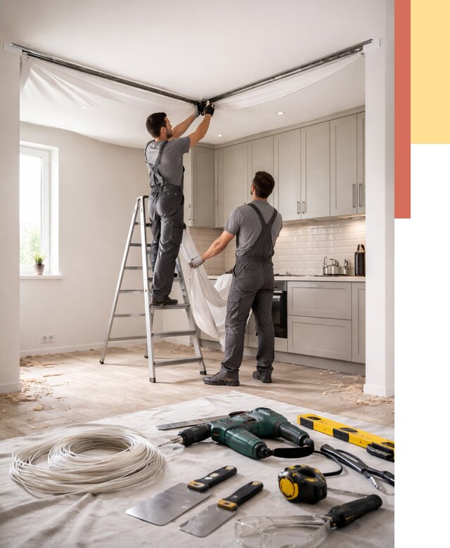 Установка натяжного потолка на кухне в прохладном от 2600 руб. | ОТДЕЛОЧНИК-Прх