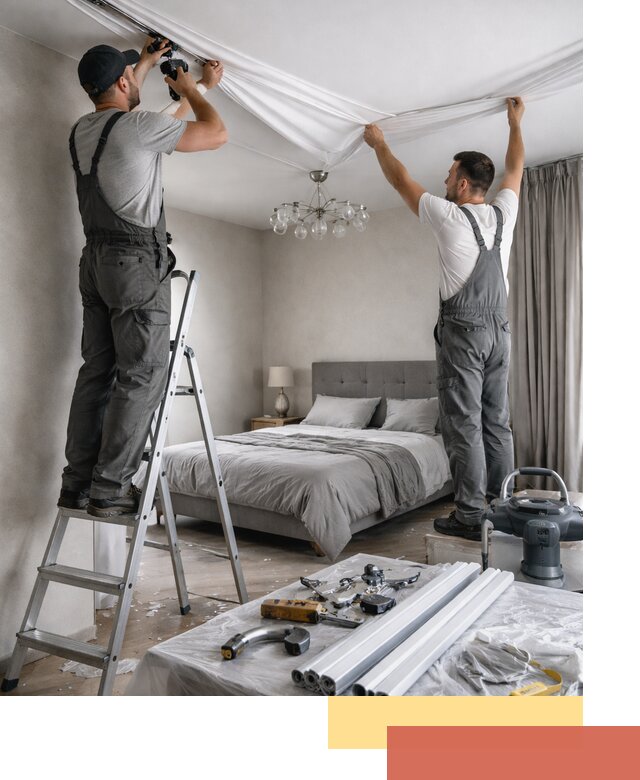 Монтаж натяжного потолка в спальне в прохладном