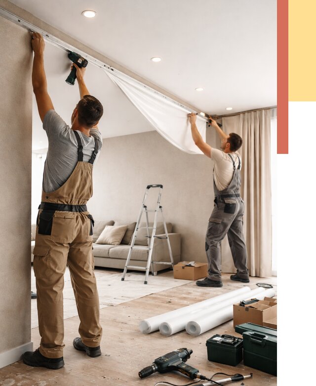 Монтаж натяжного потолка в гостиной в прохладном от 596 руб. | ОТДЕЛОЧНИК-Прх