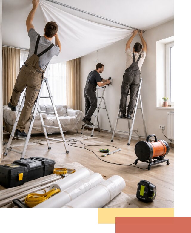 Монтаж натяжного потолка в гостиной в прохладном