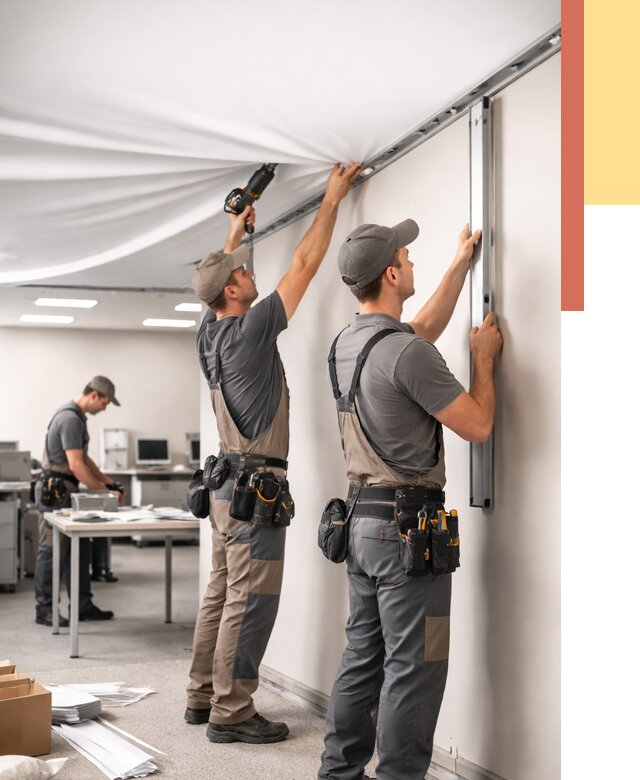 Монтаж натяжного потолка в офисе в прохладном от 487 руб/м² — быстро и недорого | ОТДЕЛОЧНИК-Прх