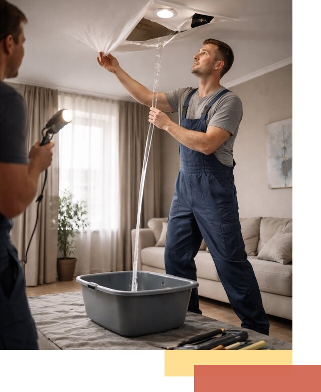 Слив воды с натяжного потолка в прохладном быстро и аккуратно