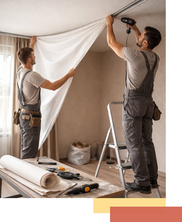 Замена полотна натяжного потолка в прохладном быстро и качественно