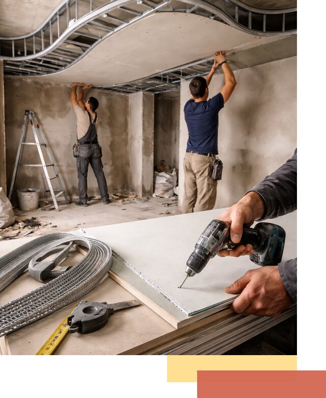 Криволинейный потолок из гипсокартона в прохладном — монтаж и отделка