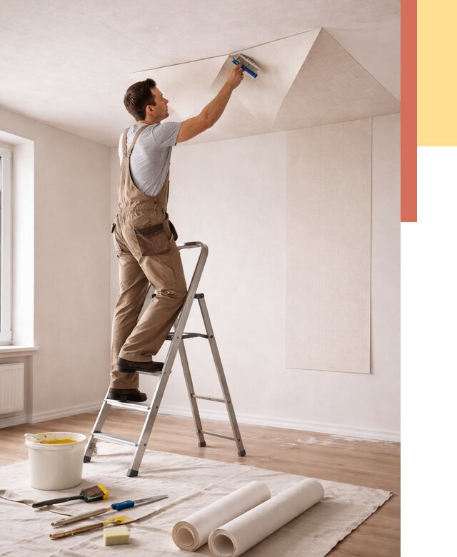 Поклейка обоев на потолок в прохладном от 4875 руб. быстро и недорого | ОТДЕЛОЧНИК-Прх